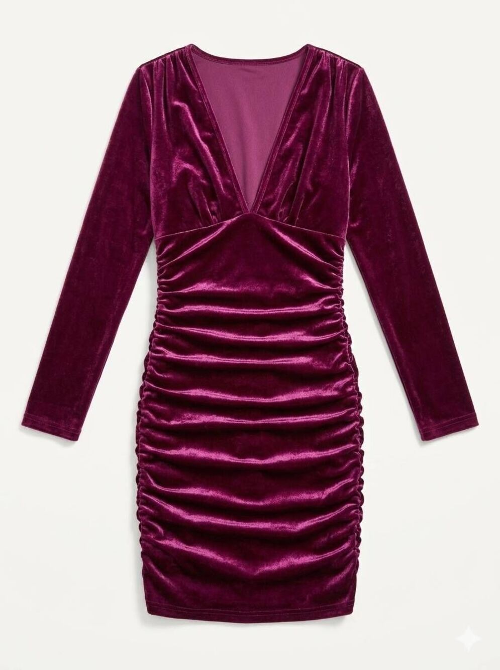☔️🩵Burgundy Velvet Deep Vneck Ruched Bodycon Long Sleeve Dress Small